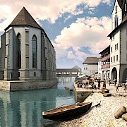 Die Wasserkirche kurz nach der Reformation von 1524. (3-D-Rekonstruktion Mathys Partner, Technopark Zürich)
