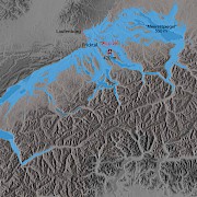 Hypothetisches Binnenmeer in der Schweiz und in benachbarten Ländern, falls der Abfluss von Rhone und Rhein durch geologische Prozesse verhindert würde.
