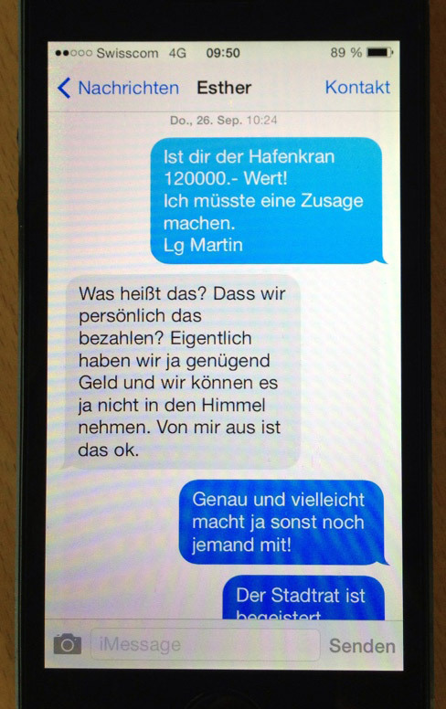 SMS-Gespräch zwischen Martin Waser und seiner Frau Esther Weibel