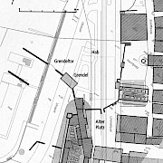 Umgebung von Grendeltor, "Hab" und "Alter Platz" am Ende des 18. Jahrhunderts, projiziert in einen aktuellen Plan des Vermessungsamtes. (Plan Peter Albertin)