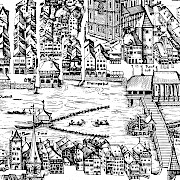 Der Limmatraum als zentraler Stadtplatz, gesäumt von Rathaus, Zunfthaus zum Rüden und Wasserkirche, und als Ort sportlicher Aktivitäten: Vom Dach der Fischerhütte springt ein Schwimmer ins Wasser, oberhalb messen sich zwei Schiffe im Schifferstechen. (Ausschnitt aus dem Stadtprospekt von Jos Murer, 1576.)