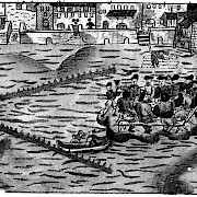 Auf dem Metzgerstein in der Limmat wird während der Trockenheit von 1585 ein Trinkgelage veranstaltet. Kolorierte Federzeichnung in der Chronik von Johann Jakob Wick ("Wickiana") um 1585. (Zentralbibliothek Zürich)