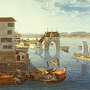 Schifflände mit Grendeltor. Nahverkehr: Der Stadtmist ist bereit zum Abtransport als Dünger für die Seegemeinden. Kolorierte Zeichnung um 1820. (Zentralbibliothek Zürich)