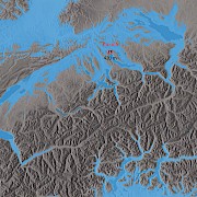 Verteilung der Meere bei einem weltweiten Meeresspiegelanstieg um 550 Meter (hypothetisch).