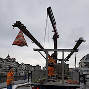 Freigelegte Schiene auf der Terrasse der ehemaligen Fleischerhalle am Limmatquai, 24. März 2014, Foto: © Karin Hofer, karin_hofer@gmx.ch