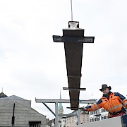 Freigelegte Schiene auf der Terrasse der ehemaligen Fleischerhalle am Limmatquai, 24. März 2014, Foto: © Karin Hofer, karin_hofer@gmx.ch